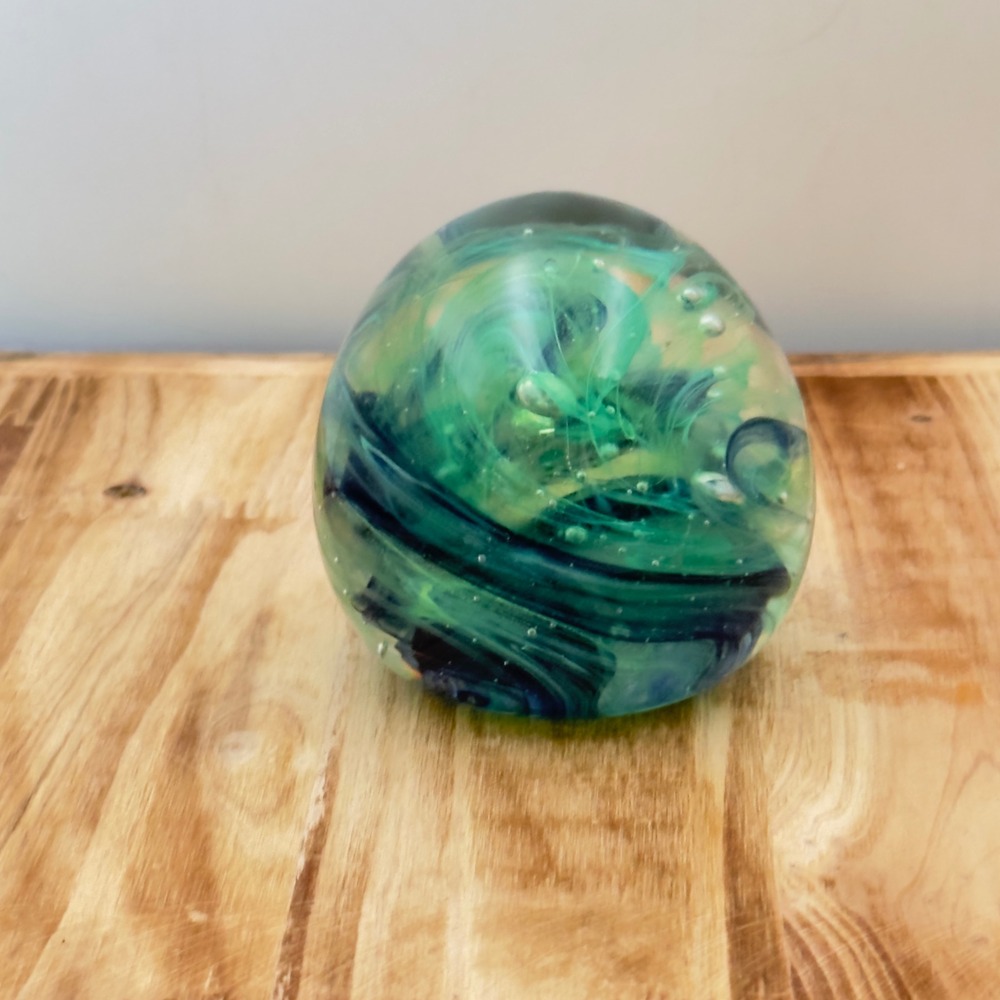 Round Art Glass Paperweight Green Teal Swirl Controlled Bubble Egg Orb 3" Decor